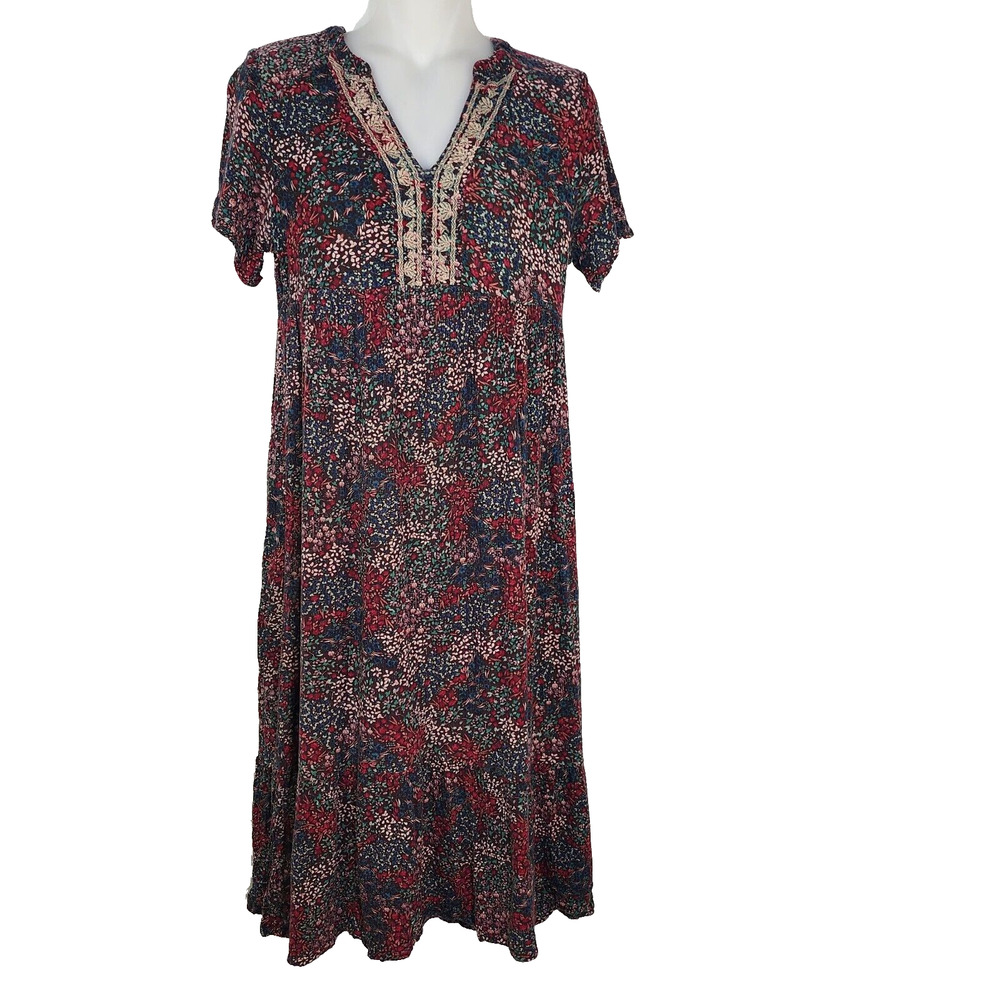 Knox Rose Women's Dress XS Brown Floral Embroidered Midi A Line Boho Peasant